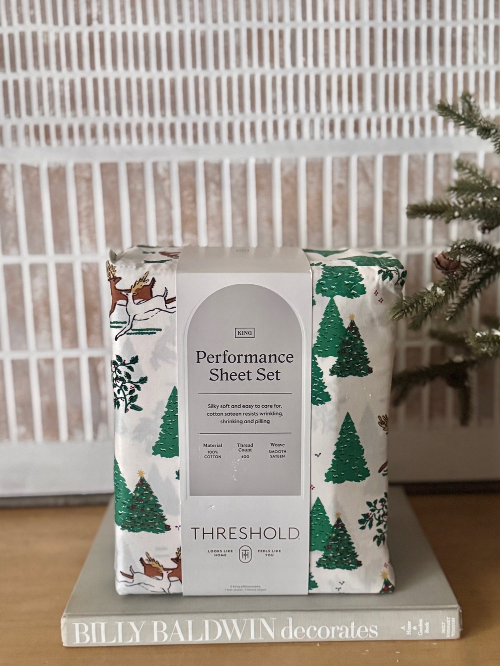 NWT Threshold Performance Sheet KING Set - White Green Christmas Tree Print